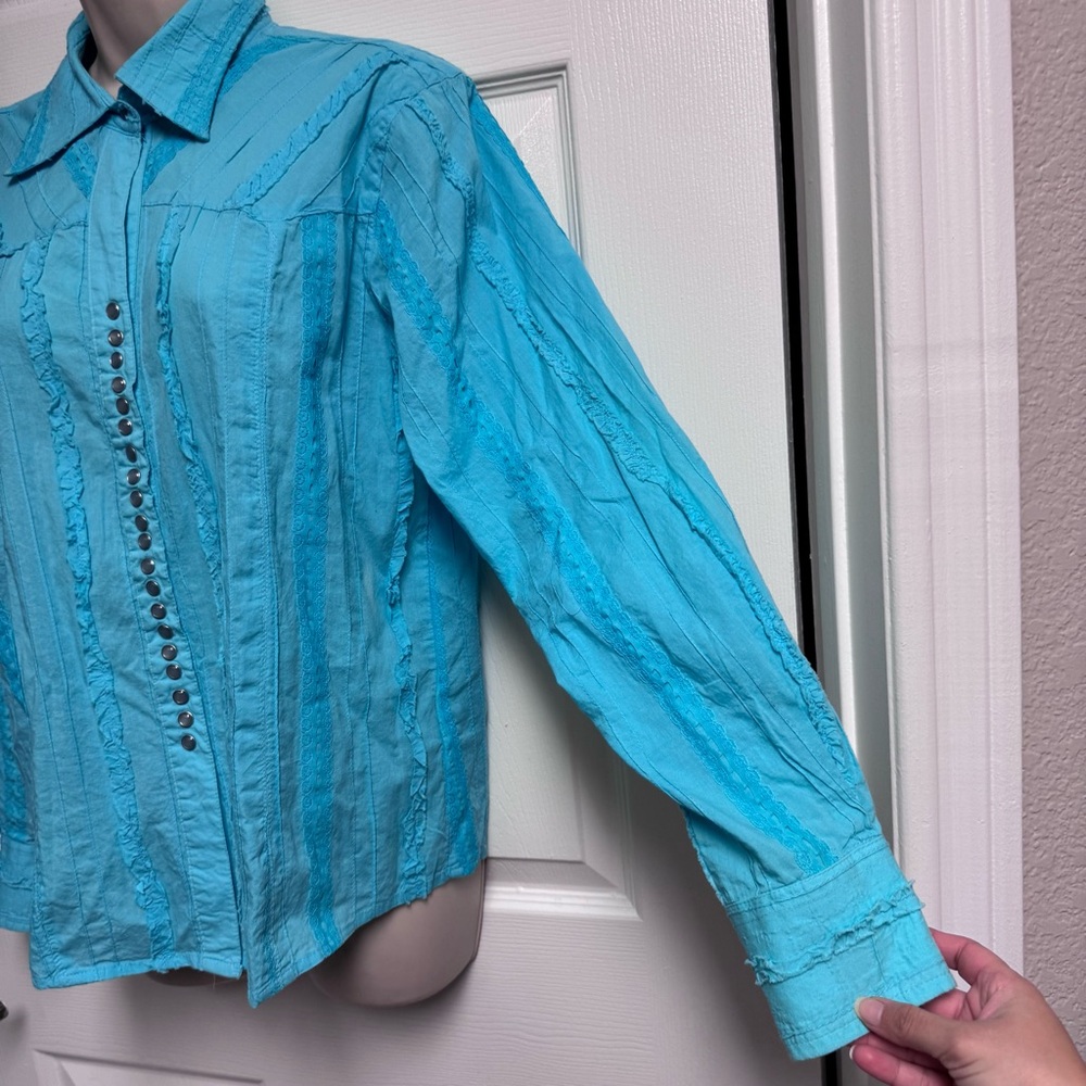 Scully Western Blouse Size L Blue Turquoise Lace Stripe Ruffled Long Sleeve - Picture 8 of 13